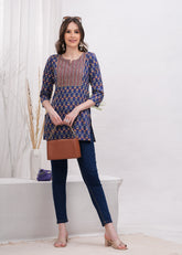 Notch Neck Yoke Style Blue Pure Cotton Stylish Short Kurti